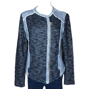 LUCKY BRAND Sweater Jacket Boucle Side Zip Moto Long Sleeve Black Gray Large